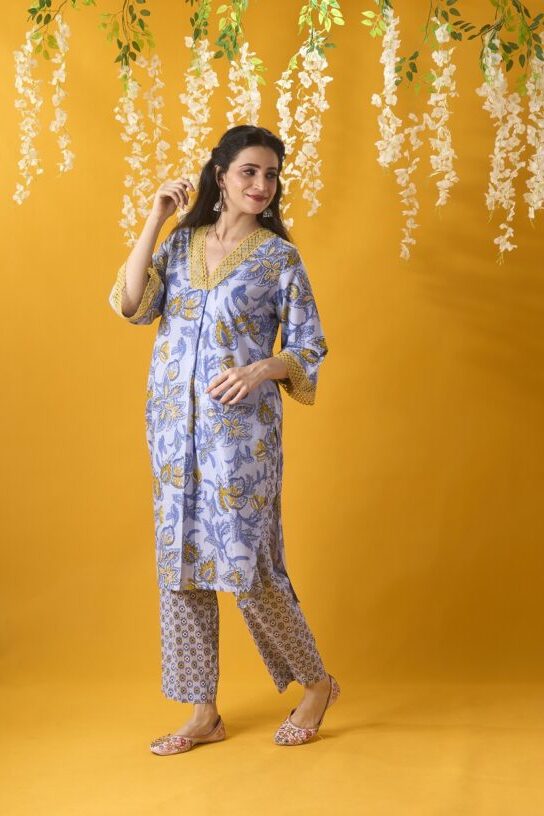 Blue Cotton Printed Kurta Set With Bell Sleeves