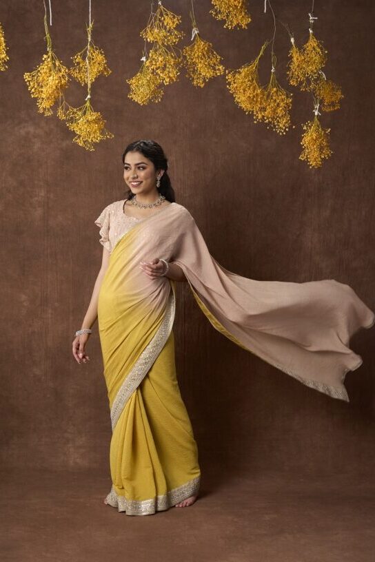 Crushed Ombre Saree With Mirrorwork Blouse