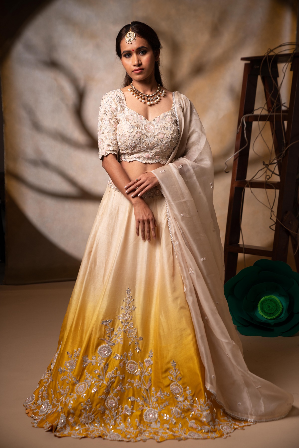 Offwhite to Yellow Ombré Zardosi Lehenga Set