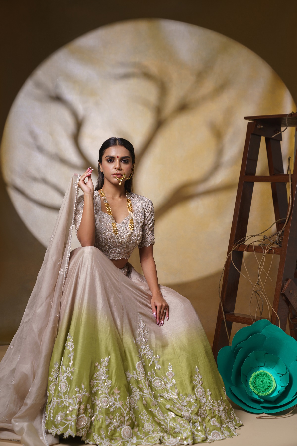 Beige to teal ombré zardosi lehenga set