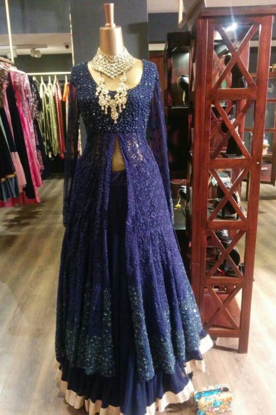 Indigo Embroidered Jacket With Lehenga Set