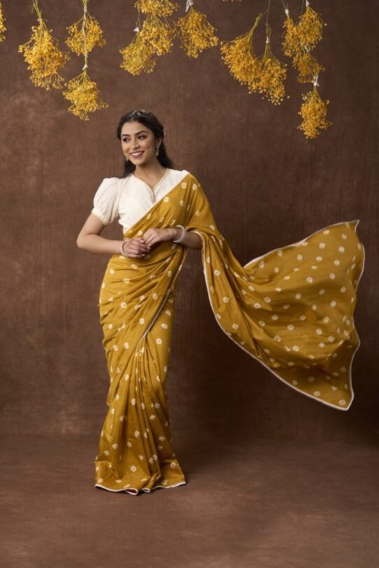 Yellow Bandhni Muslin Saree With Embossed Blouse