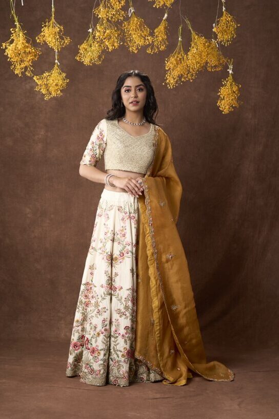 Offwhite Floral Embroidered Lehenga With Mustard Organza Dupatta Set