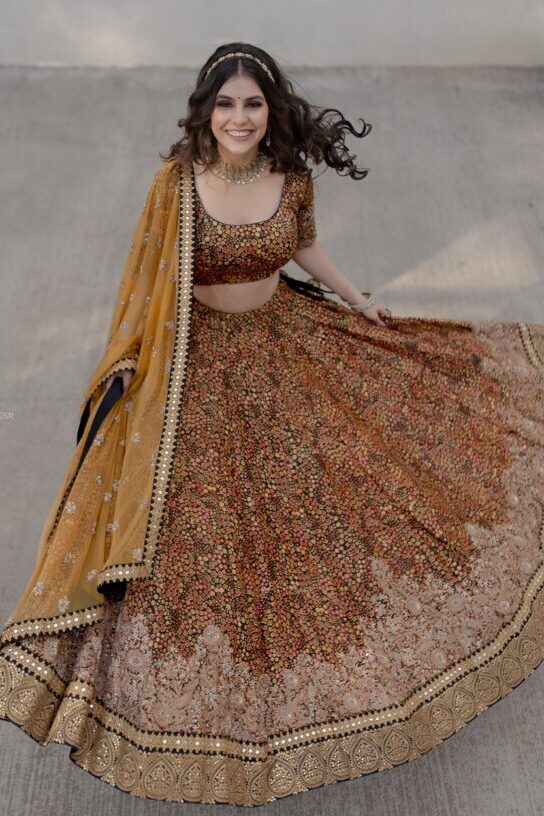 Printed Silk Lehenga With Zardozi Work And Mustard Yellow Net Dupatta Set