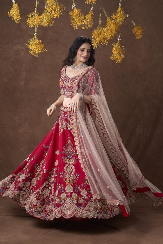 Red Silk Embroidered Lehenga Set