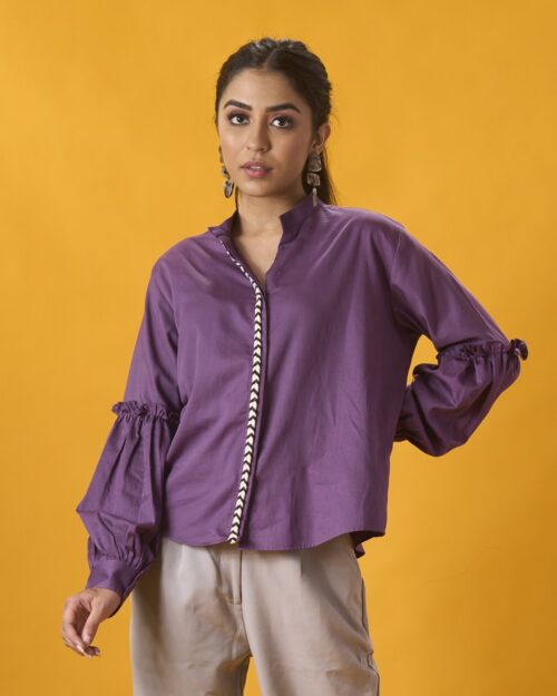 Purple Gathered Sleeve Shirt