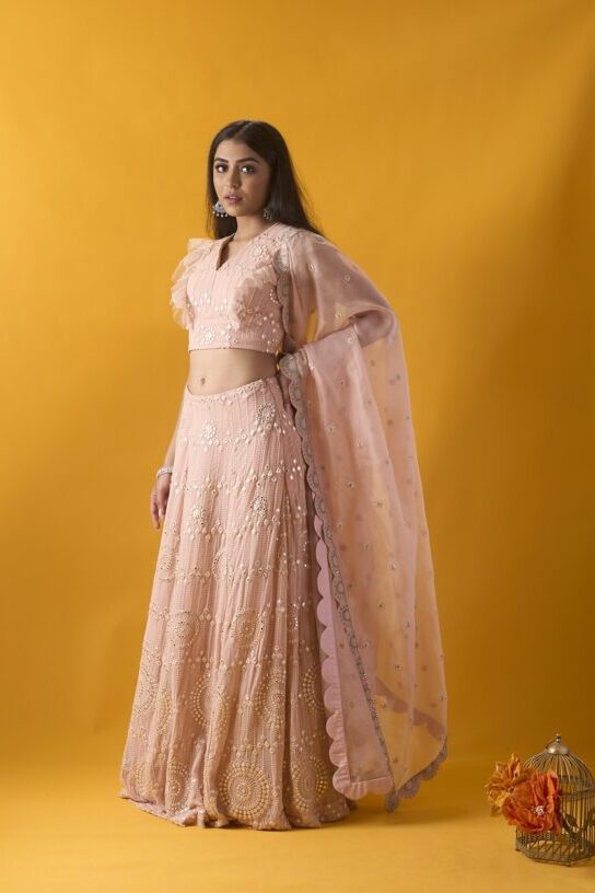 Baby Pink Mirrorwork Lehenga With Organza Scallop Dupatta Set