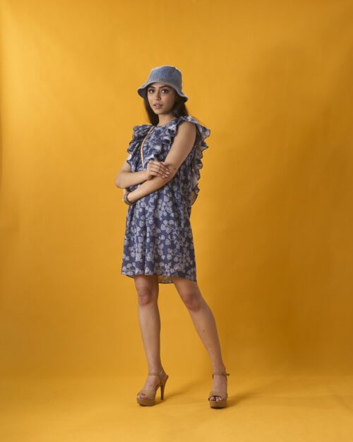 Linen Printed Ruffled Dress