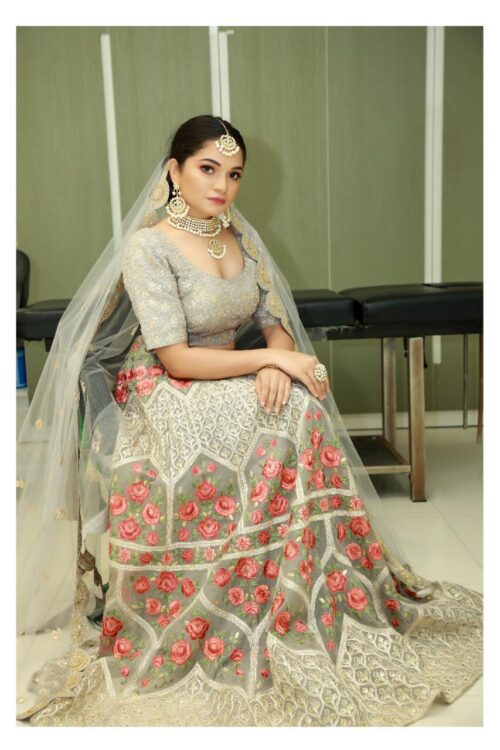 Grey organza lehenga with thread and gotta work